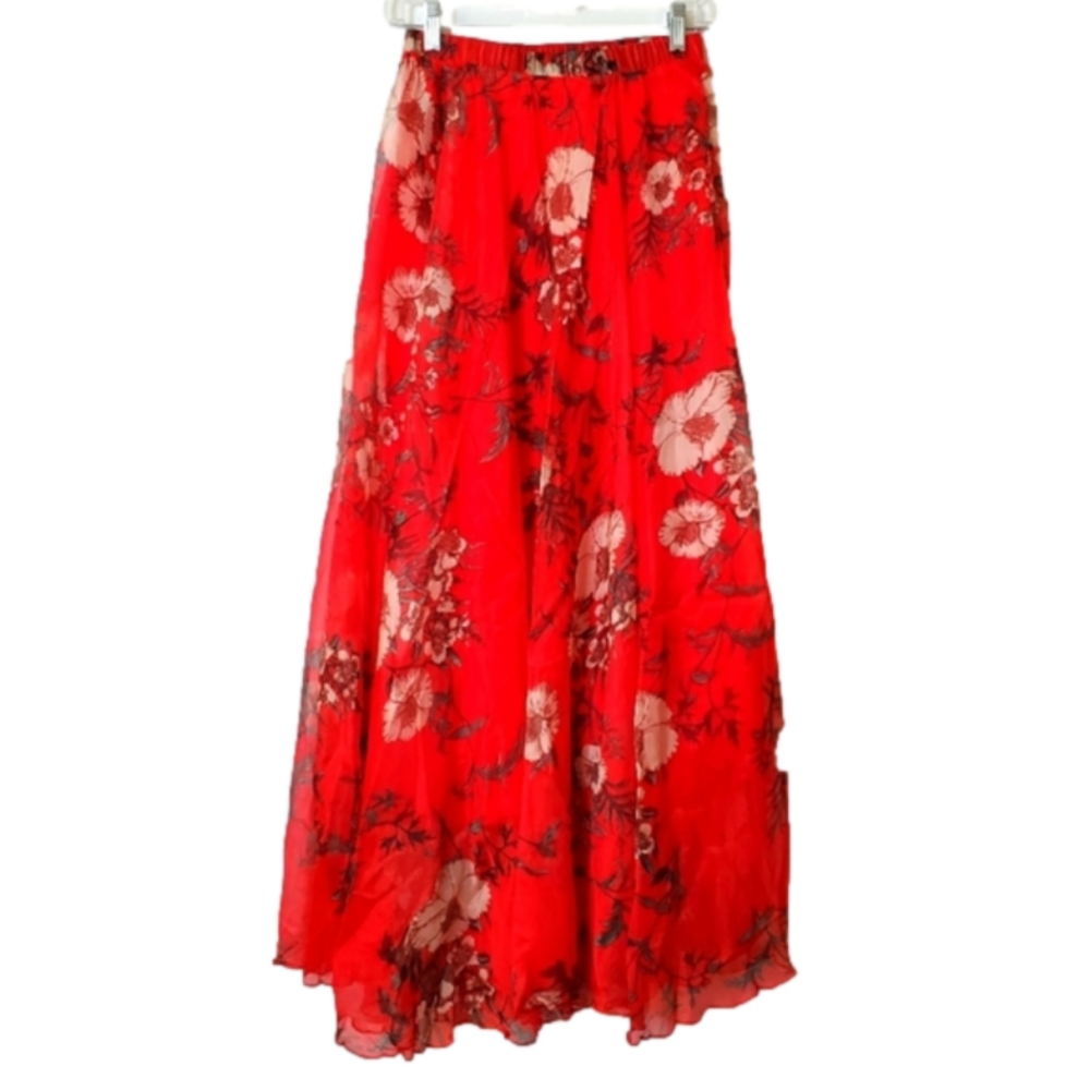 Red Floral Flowy Maxi Skirt